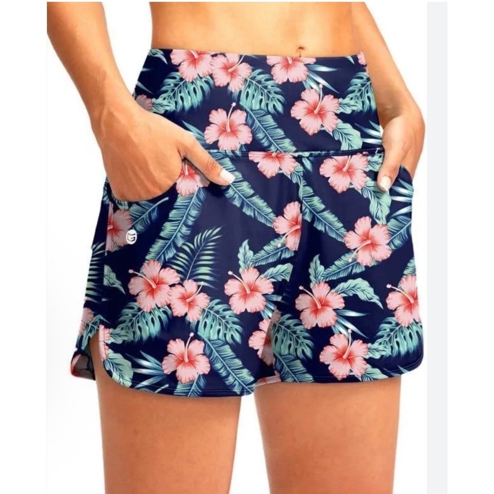 G Gradual Womens 3" Swim Board Shorts XXL High Waisted Blue Pink Flower NWT